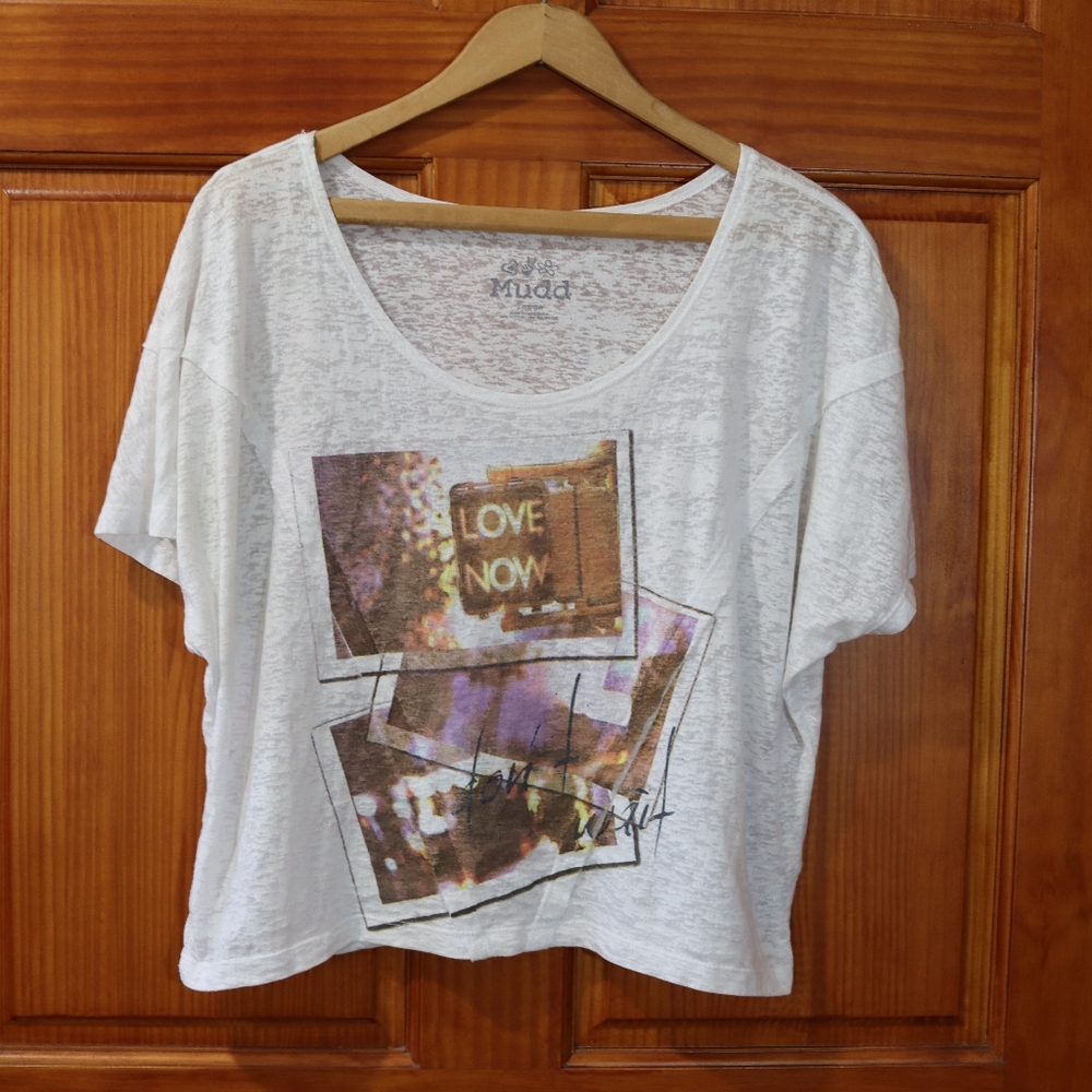 Mudd White Graphic Love Crop Top LG